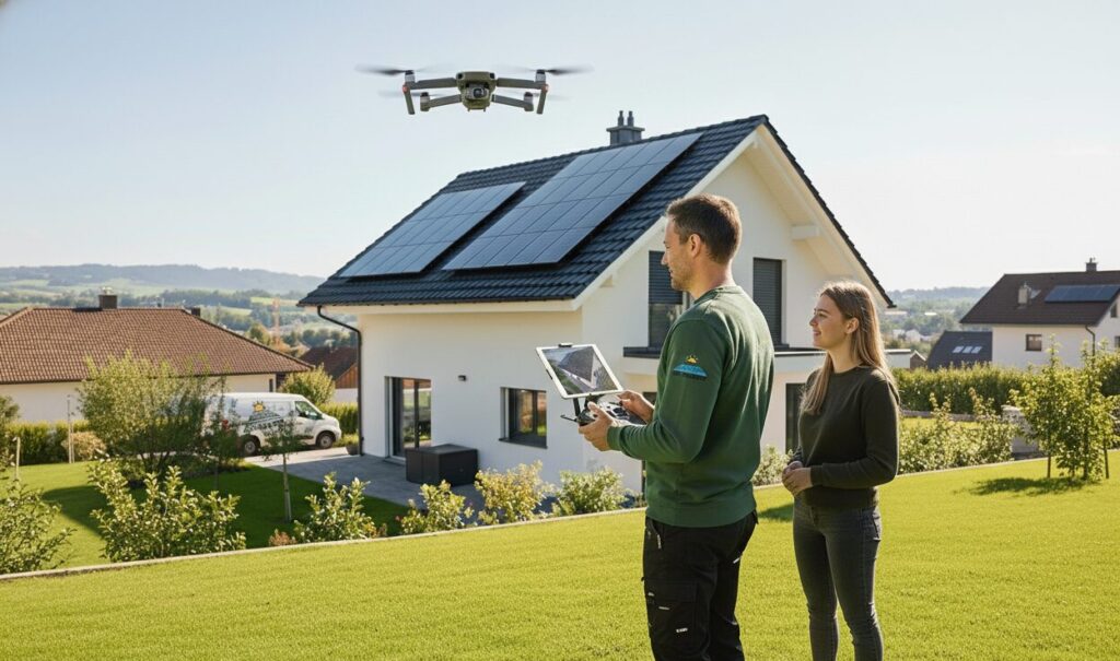 ein Mann und eine Frau auf einer Wiese vor einem Haus mit Solaranlagen. Der Mann macht mit einer Drohne Aufnahmen der Solarpanel