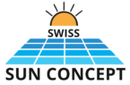 Blaue Balken, die eine Photovoltaikanlage darstellen mit einer gelben Sonne darüber als Logo für die Firma Swiss Sun Concept GmbH aus der Schweiz